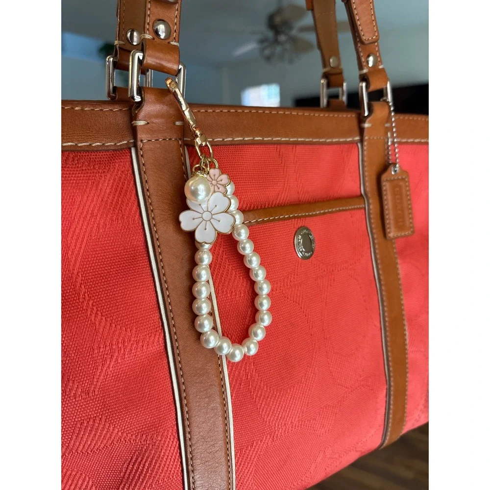 Coach Signature Jacquard Tote Bag Coral Coral Leather Trim‎ Shoulder Bag